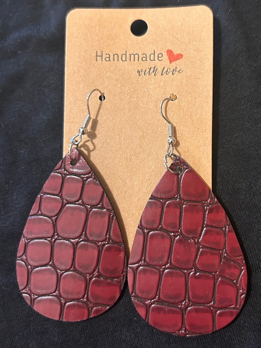Burgundy Croc-Textured Teardrop Earrings
